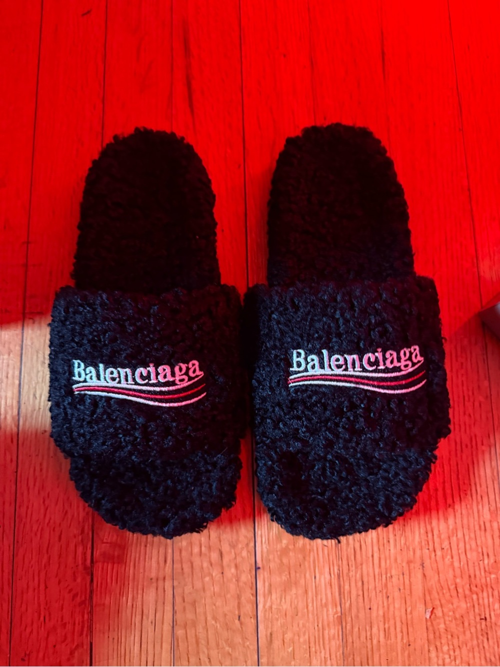 Balenciaga Black Shearling Logo Slide with Embroidered Stripe - Picture 3 of 4